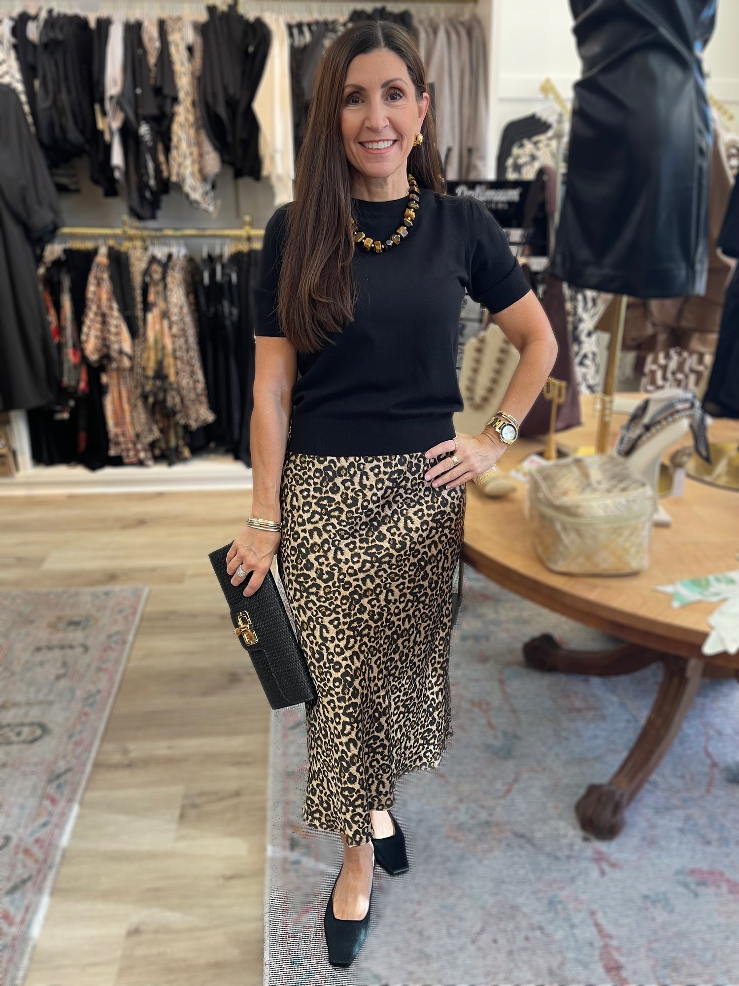 LEOPARD PRINT ELASTIC WAIST BIAS MIDI SKIRT