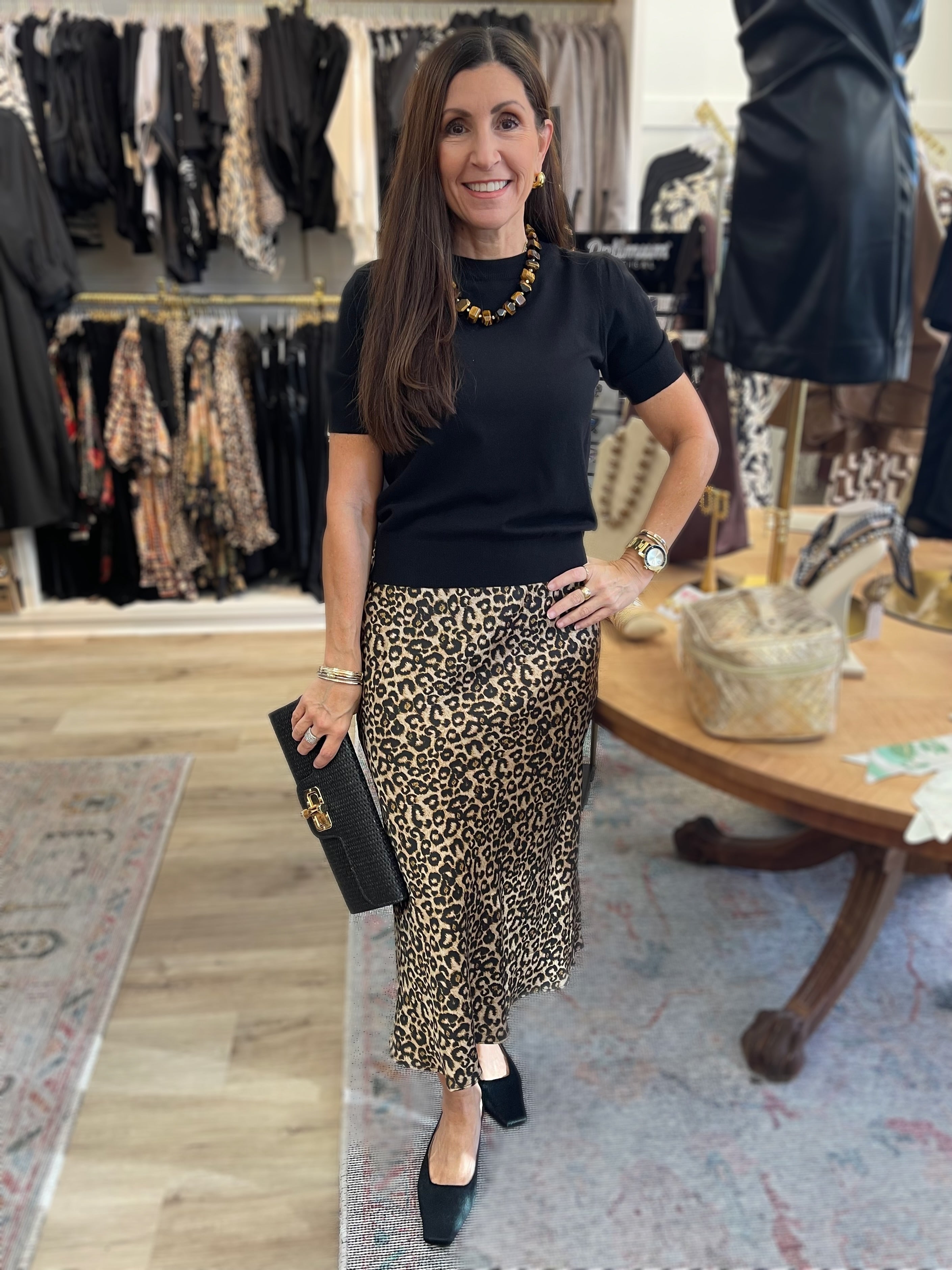 LEOPARD PRINT ELASTIC WAIST BIAS MIDI SKIRT