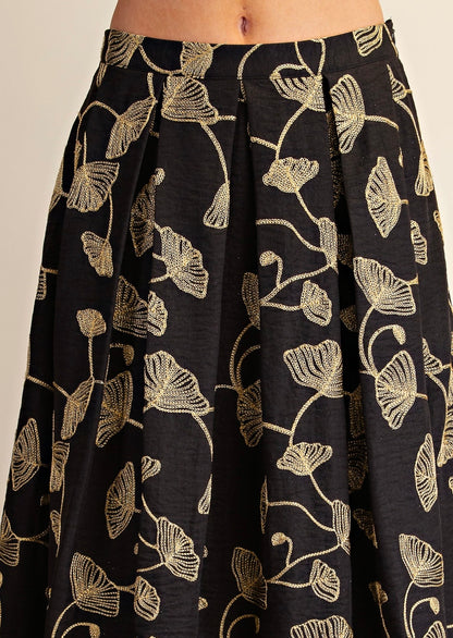 BLACK &amp; GOLD LEAF EMBROIDERY A-LINE PLEATED MIDI SKIRT