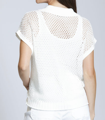 WHITE POLO STYLE OPEN KNIT TOP