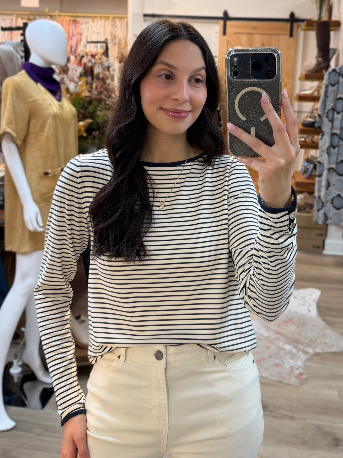 OFF WHITE/NAVY STRIPE WIDE NECK BUTTON CUFF LONG SLEEVE TOP