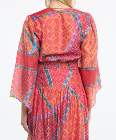 RED MULTI GEO PRINT FAUX WRAP SHEEVA TOP