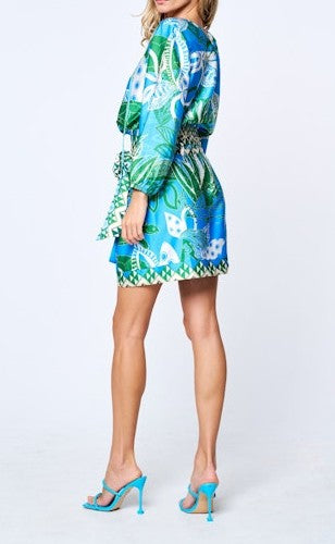 BLUE TURTLE PRINT FEDELE PUFF SLEEVE BLOUSE