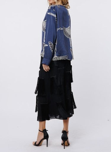 NAVY BIRD PRINT LONG SLEEVE SATIN JONES TOP