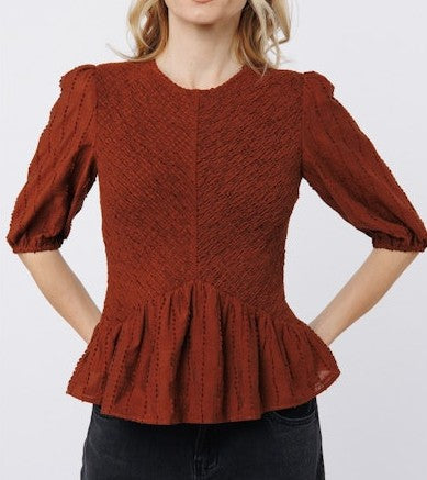 BROWN SMOCKED PEPLUM 3/4 PUFF SLEEVE ESRA TOP