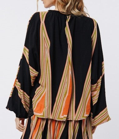 BLACK MULTI ABSTRACT GEO PRINT LONG SLEEVE KAROLINE BLOUSE