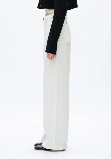 WHITE HIGH RISE CONTRAST STITCH PLEATED WIDE LEG JEANS