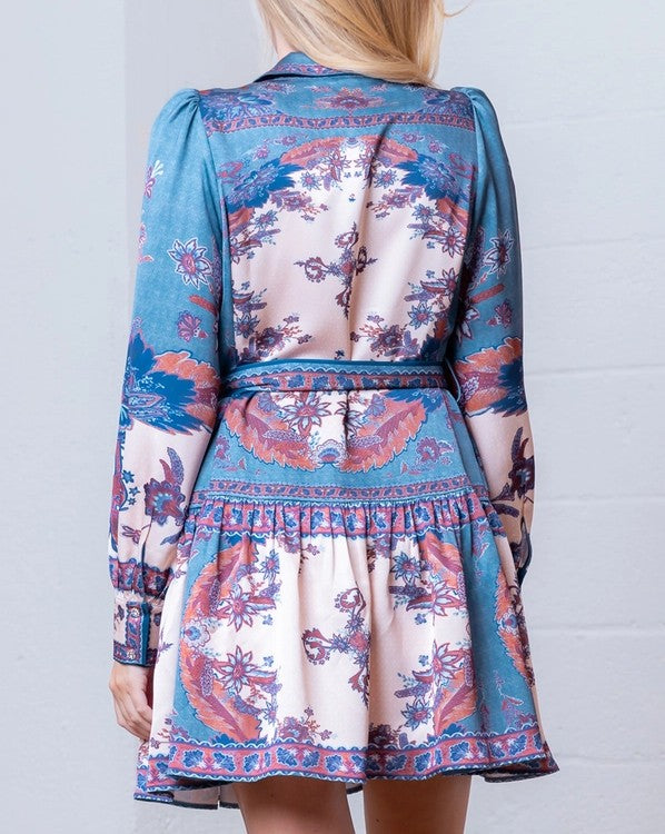BLUE/CREAM MULTI FLORAL PLACEMENT PRINT BUTTON UP LONG SLEEVE SATIN MINI DRESS