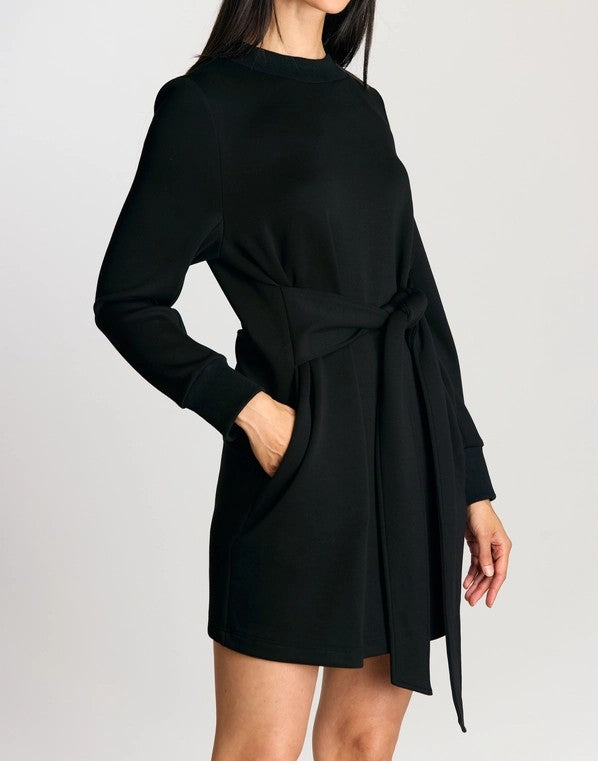 BLACK PCILL BUTTER MODAL WAIST TIE LONG SLEEVE MINI DRESS