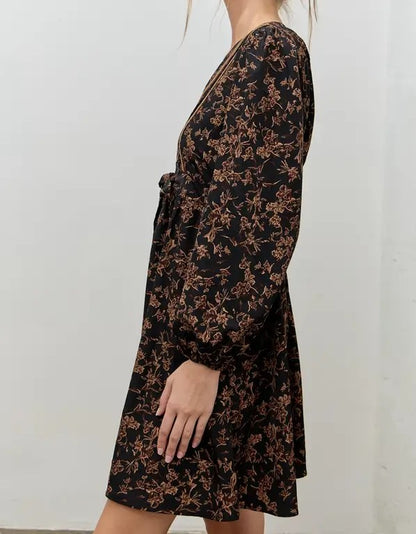 BLACK MULTI FLORAL VNECK LONG BUBBLE SLEEVE MINI DRESS