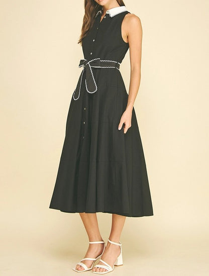 BLACK/WHITE SCALLOP RIC RACK TRIM SLEEVELESS BUTTON UP MIDI DRESS
