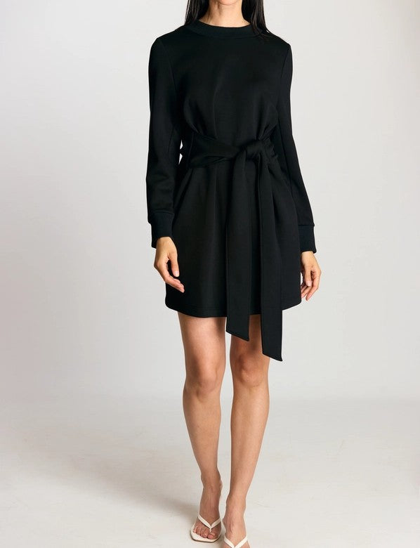 BLACK PCILL BUTTER MODAL WAIST TIE LONG SLEEVE MINI DRESS