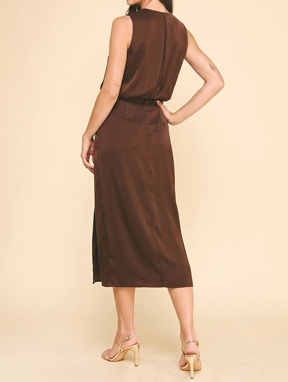 BROWN SILKY SLEEVELESS SIDE SLIT MIDI DRESS