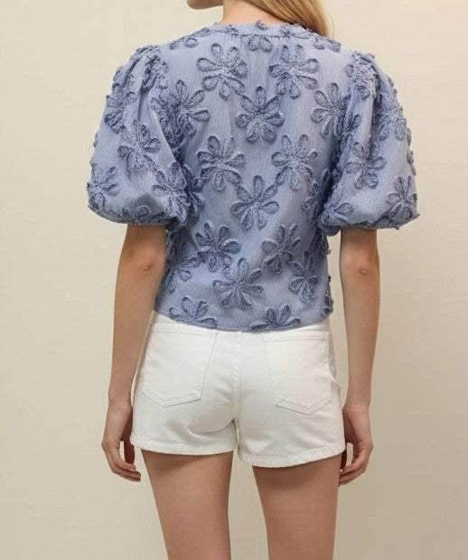 BLUE STRIPE FLORAL EMBROIDERY BALLOON SLEEVE TOP
