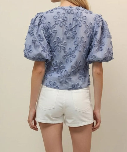BLUE STRIPE FLORAL EMBROIDERY BALLOON SLEEVE TOP