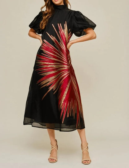 BLACK/RED &amp; GOLD METALLIC SUNBURST ORGANZA HIGH NECK SHORT PUFF SLEEVE MIDI DRESS