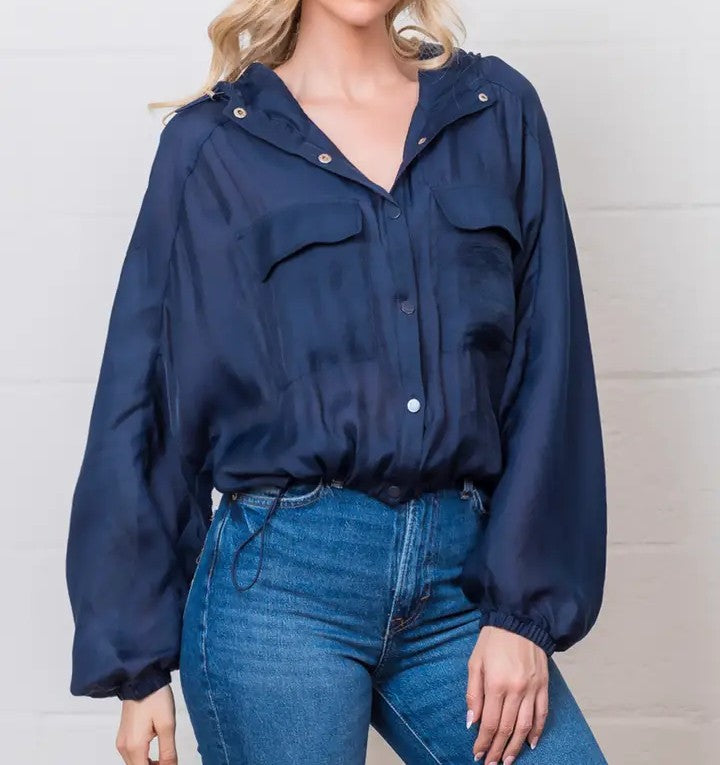 NAVY LIGHT WEIGHT HOODED SNAP-BUTTON UP JACKET