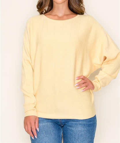 YELLOW TEXTURED BOAT NECK DOLMAN SLEEVE SWEATER