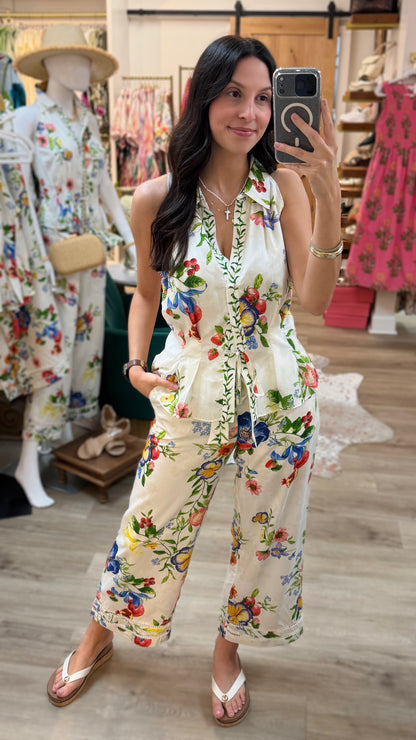 MULTI COLOR FLORAL PRINT HALTER BUTTON UP SLEEVELESS WAIST TIE TOP