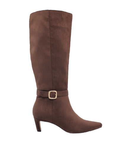 CHOCOLATE FAUX SUEDE KITTEN HEEL DIVA BOOT