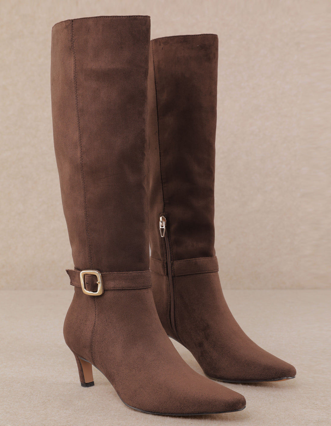 CHOCOLATE FAUX SUEDE KITTEN HEEL DIVA BOOT