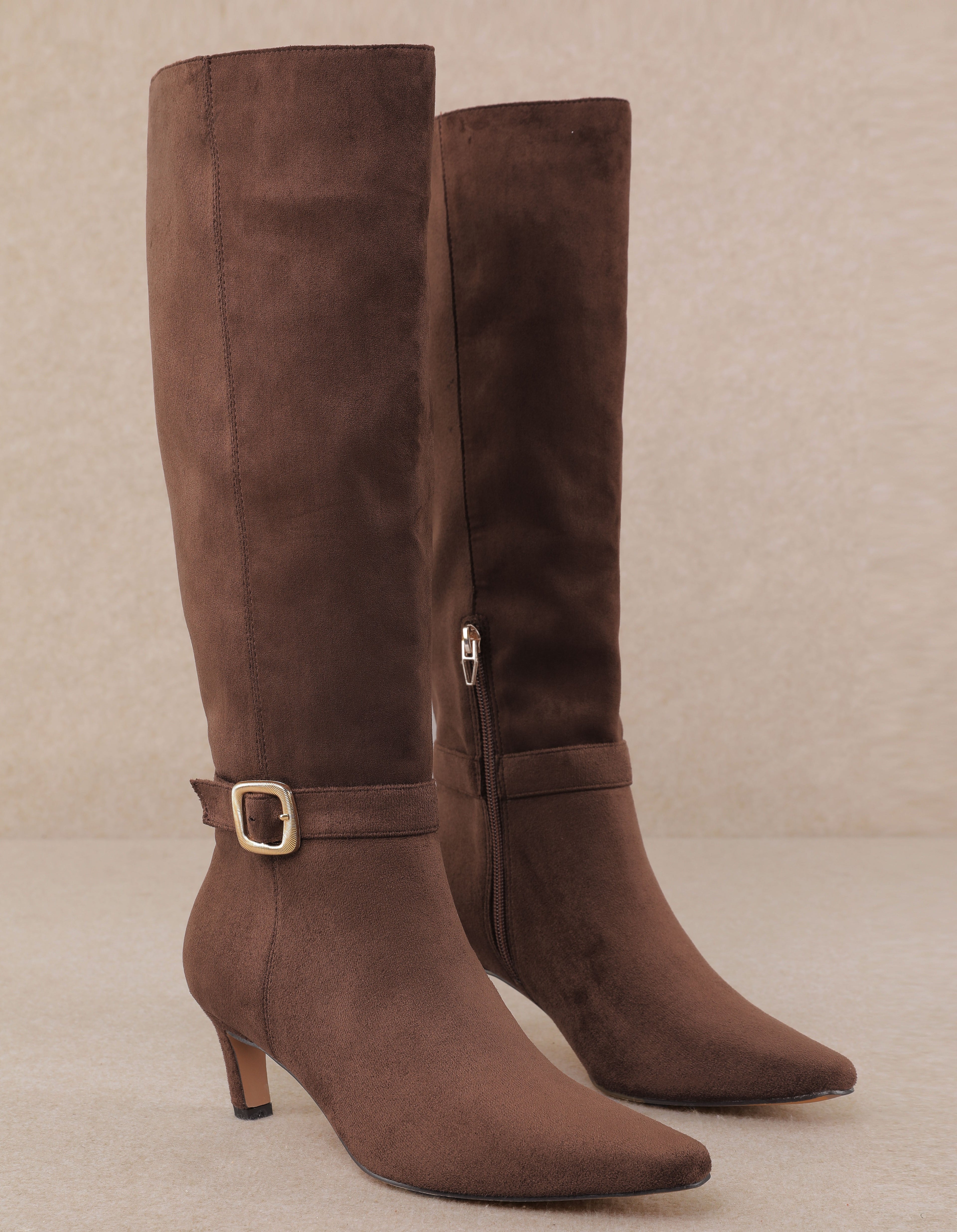 CHOCOLATE FAUX SUEDE KITTEN HEEL DIVA BOOT