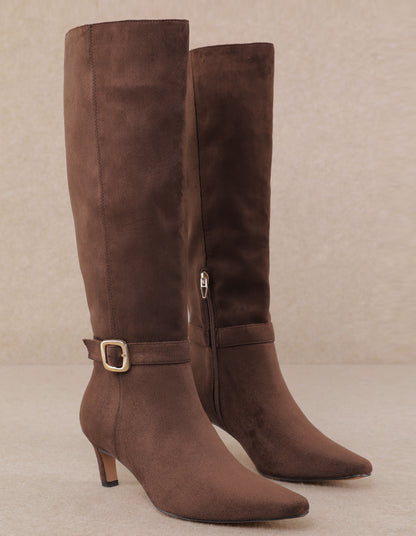CHOCOLATE FAUX SUEDE KITTEN HEEL DIVA BOOT
