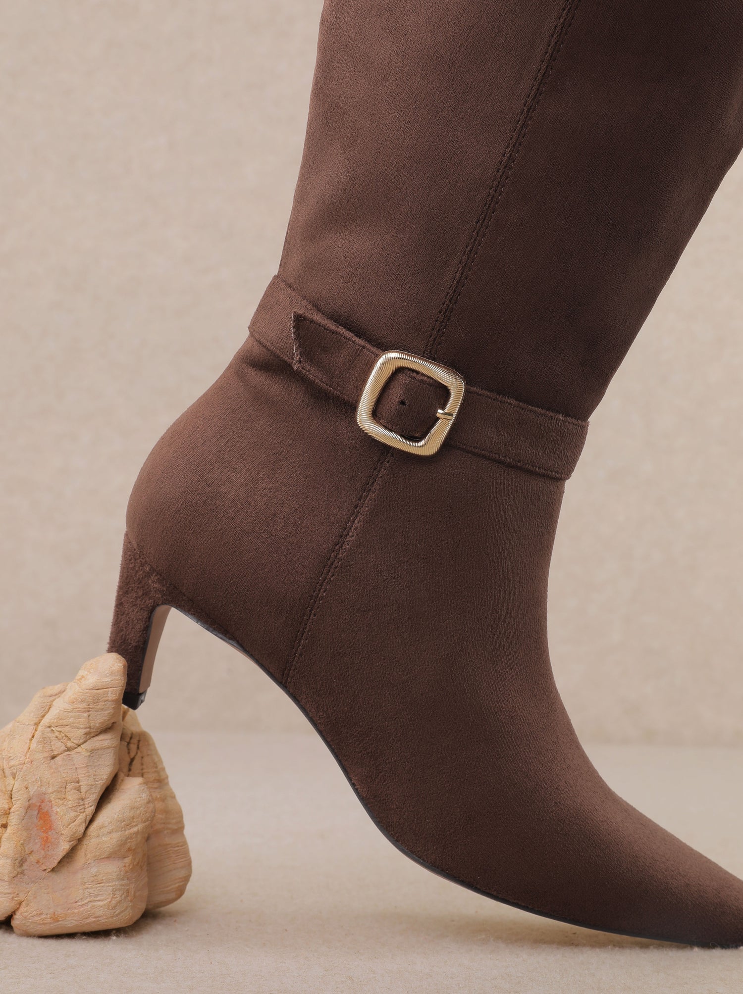 CHOCOLATE FAUX SUEDE KITTEN HEEL DIVA BOOT