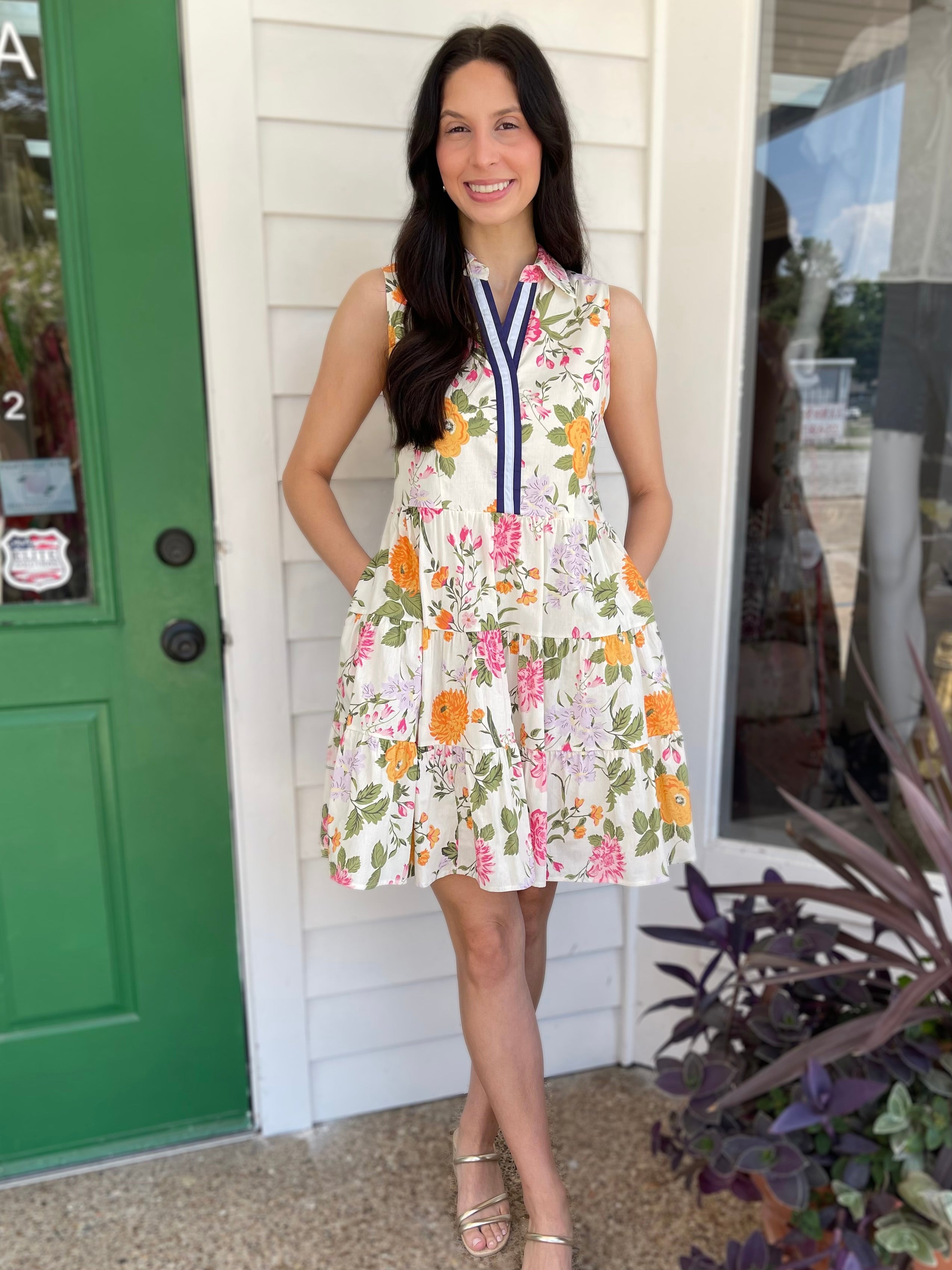 CREAM FLORAL PRINT SLEEVELESS TIERED MINI DRESS