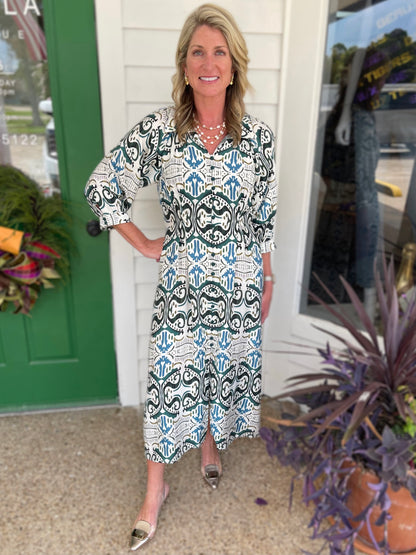 TEAL MIX PRINTED PLEATED WAIST WITH LONG BALLOON SLEEVE SHIRT DRESS