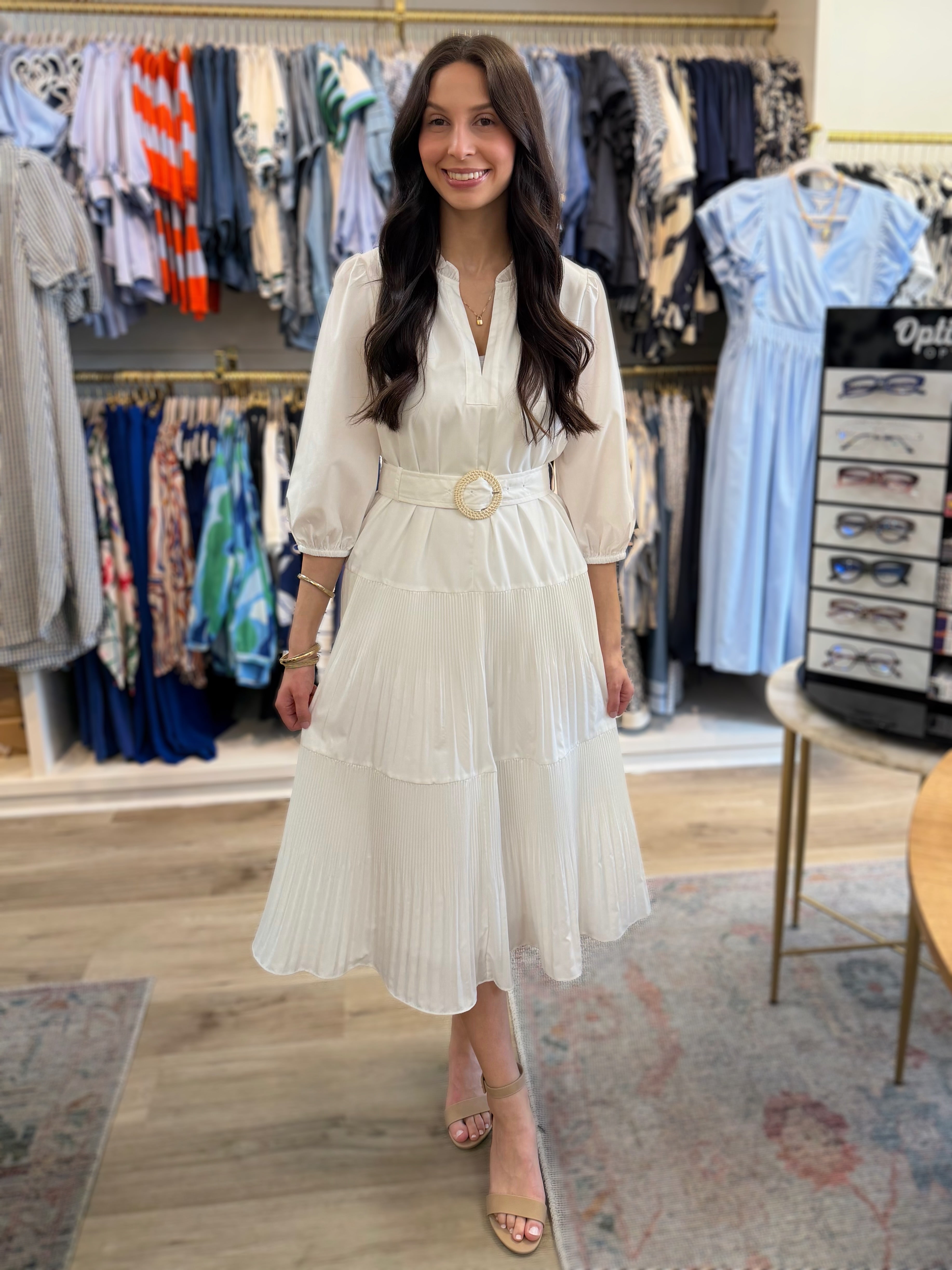 WHITE COTTON POPLIN TIERED PLEATED MIDI DRESS