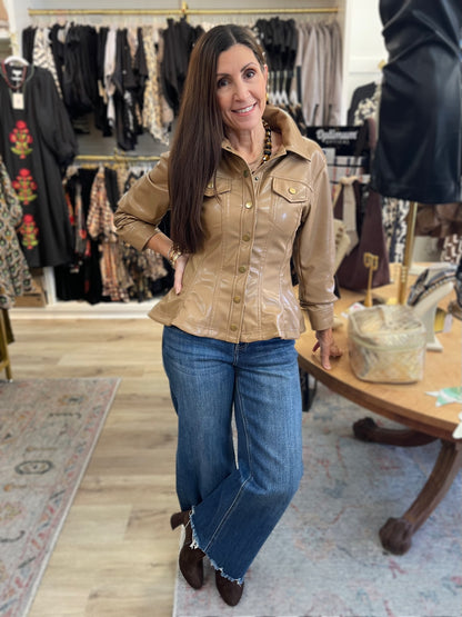 CAMEL CINCHED 3/4 SLEEVE PEPLUM FAUX LEATHER JACKET