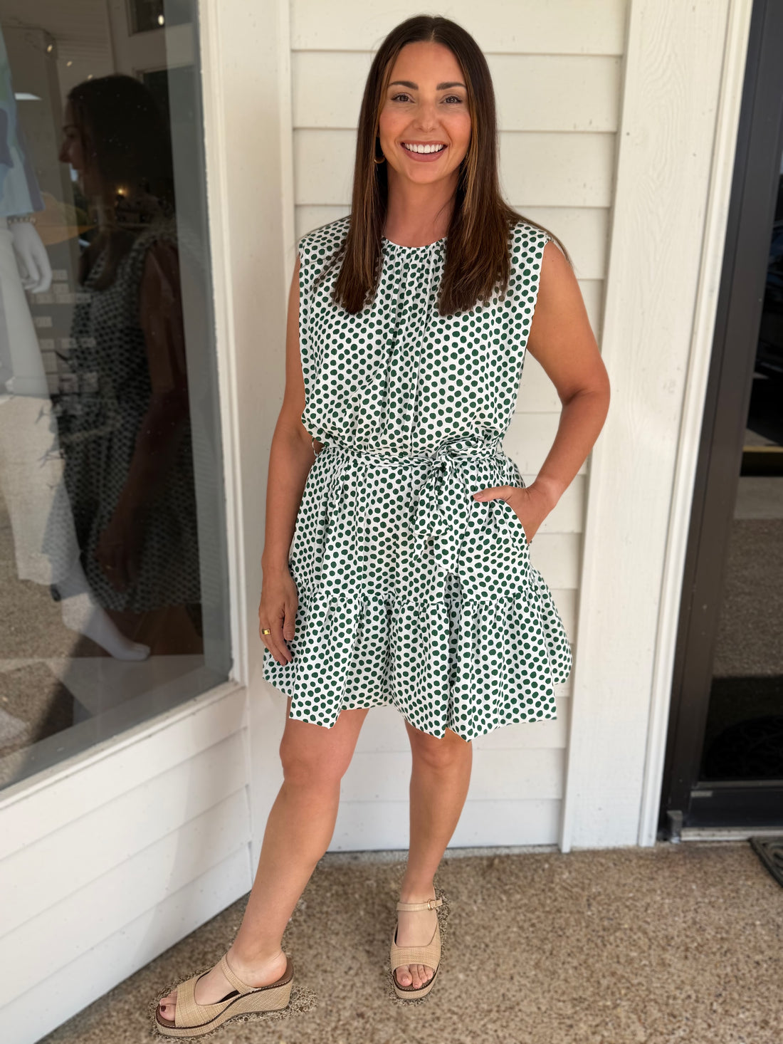 KELLY GREEN &amp; WHITE POLKA DOT TIERED MINI DRESS