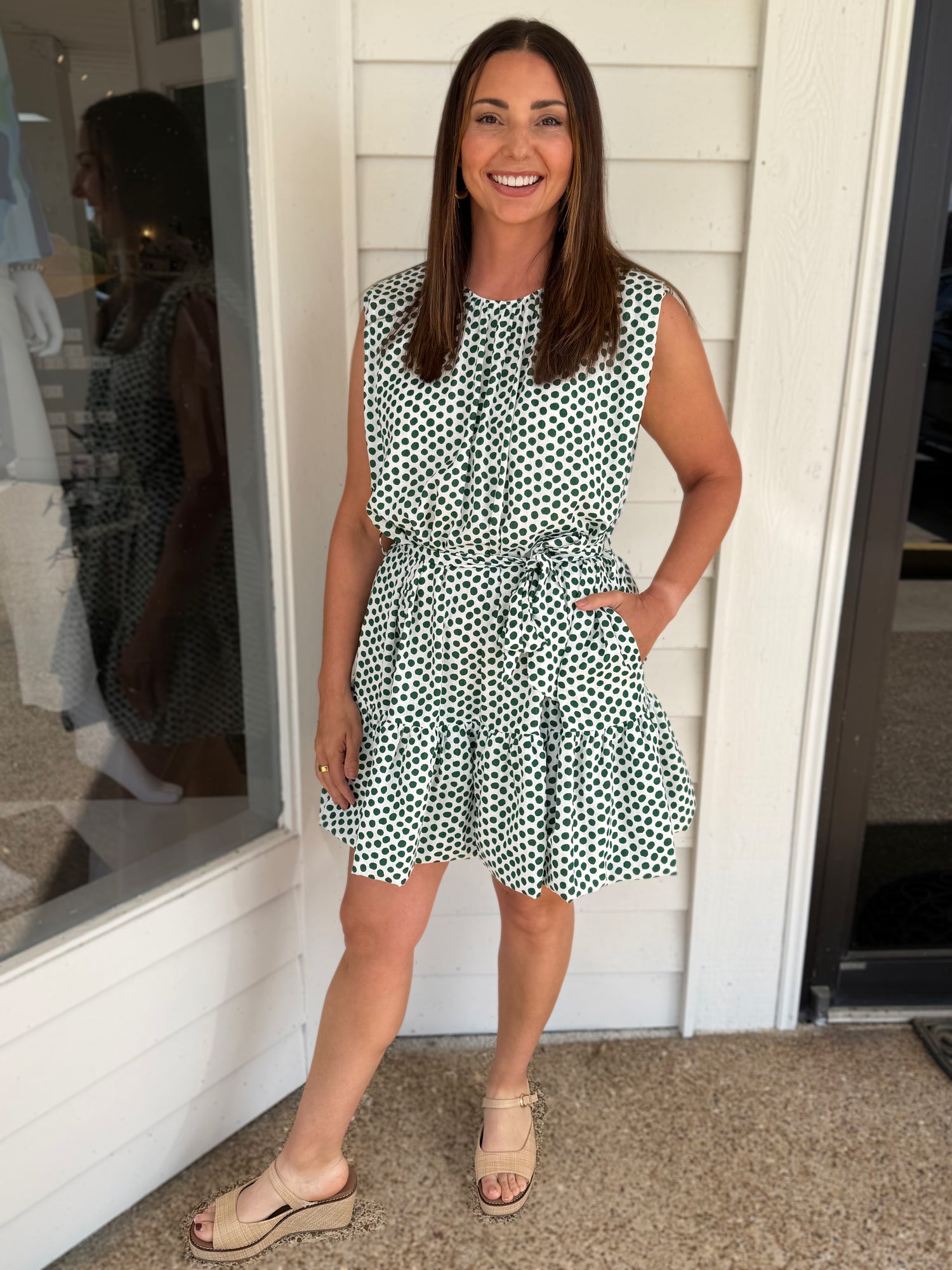 KELLY GREEN &amp; WHITE POLKA DOT TIERED MINI DRESS