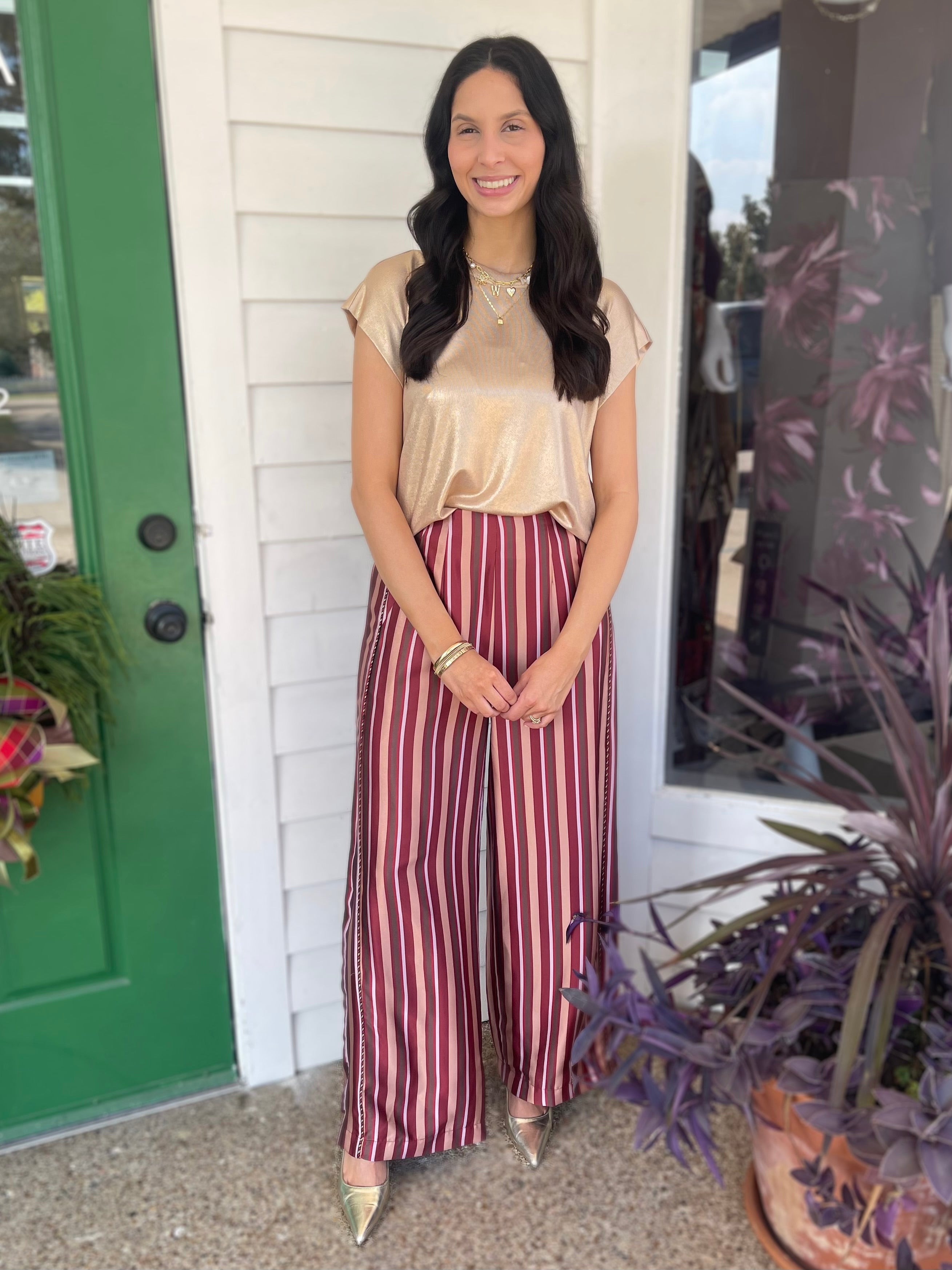 MAROON MULTI STRIPED ANJELLA WIDE LEG PANTS