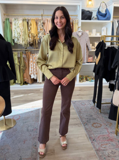 LIGHT MOSS SATIN PLACKET COVER BUTTON UP LONG SLEEVE TOP