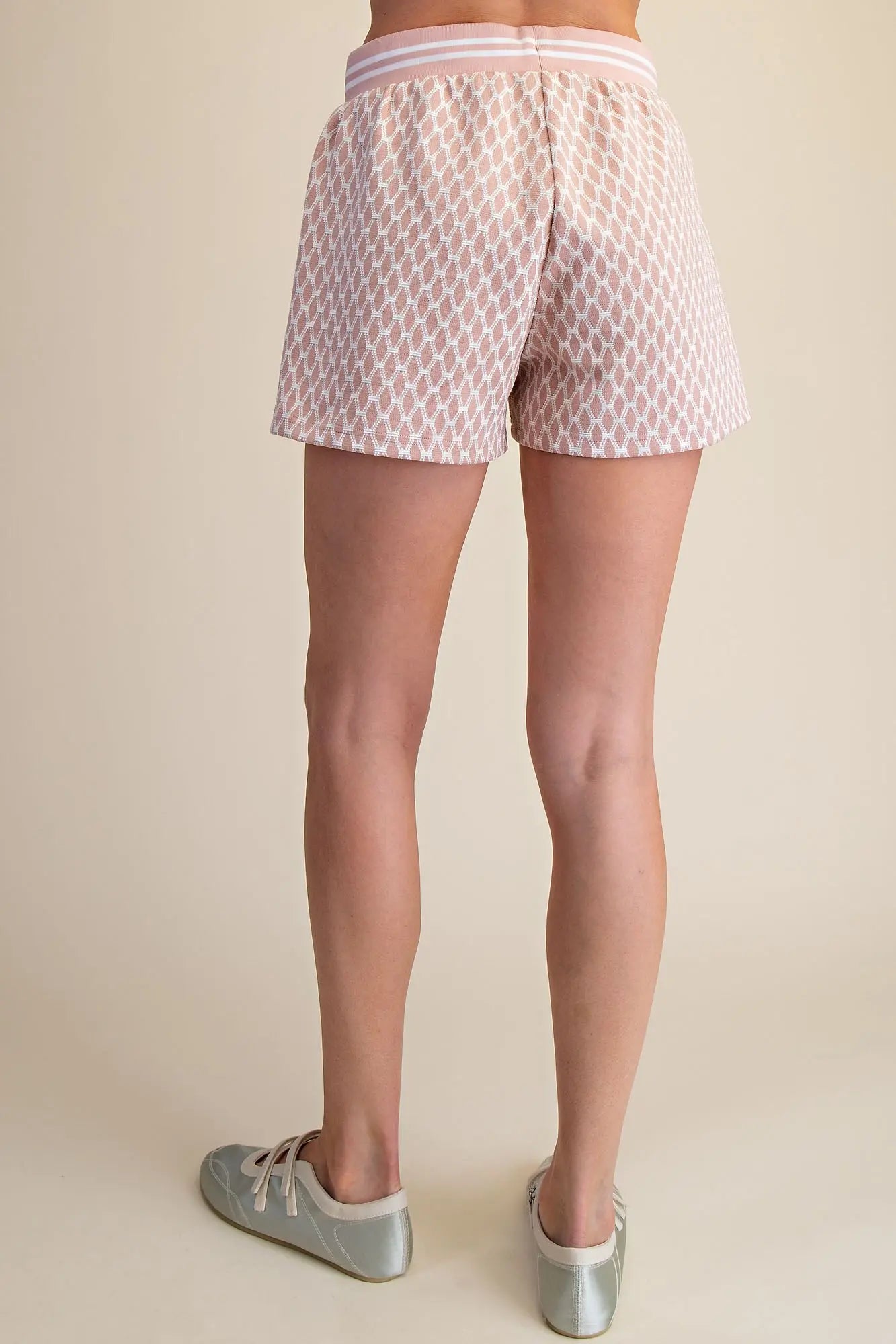 PINK GEOMETRIC TRELLIS PRINT STRIPE RIBBED WAISTBAND SHORTS