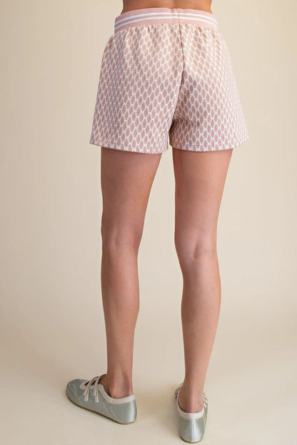 PINK GEOMETRIC TRELLIS PRINT STRIPE RIBBED WAISTBAND SHORTS