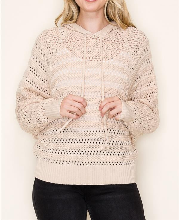 NATURAL CROCHET DOLMAN SLEEVE PULLOVER HOODIE SWEATER