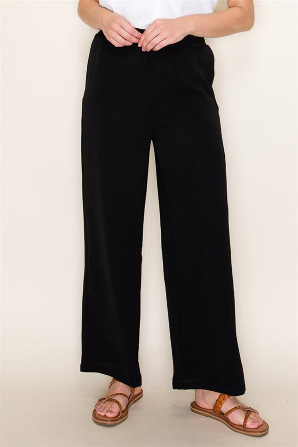 BLACK ELASTIC WAIST WIDE LEG PANTS