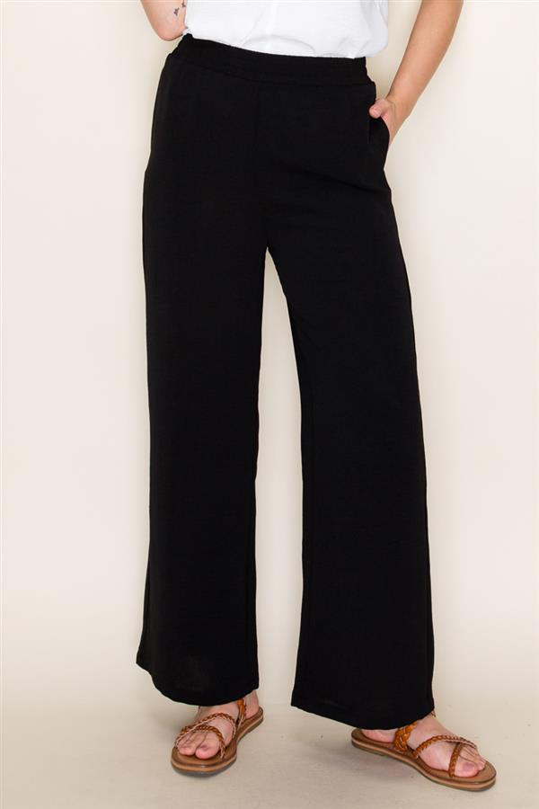 BLACK ELASTIC WAIST WIDE LEG PANTS