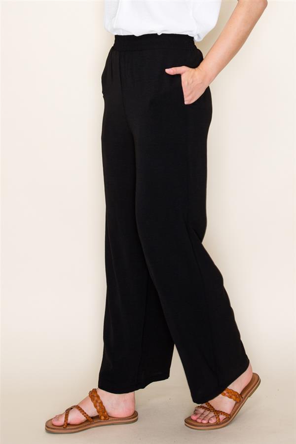 BLACK ELASTIC WAIST WIDE LEG PANTS