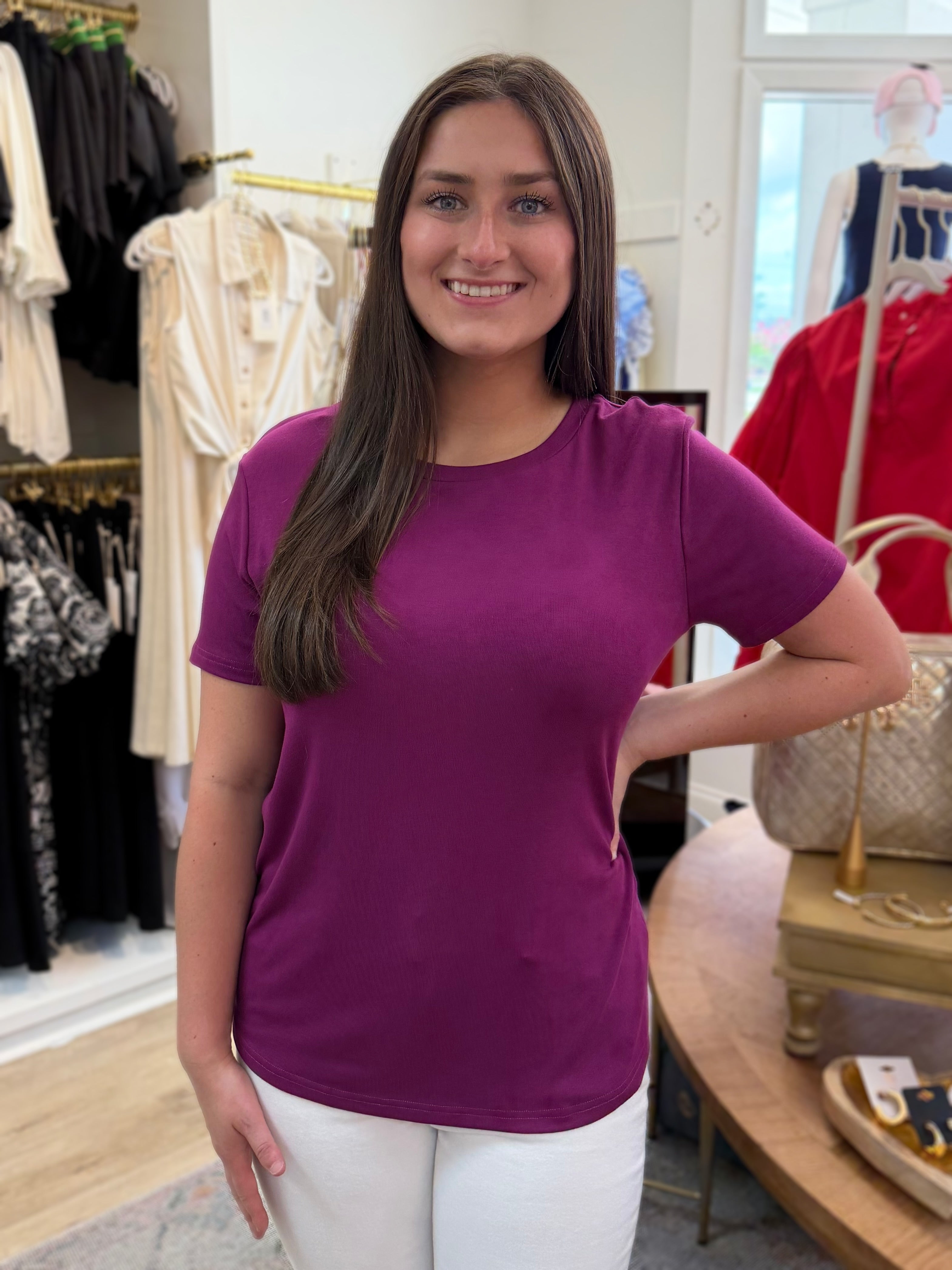 MAGENTA ROUND NECK BASIC JERSEY SHORT SLEEVE TOP