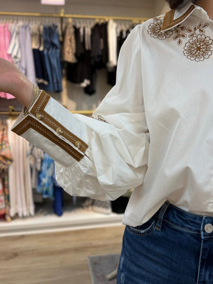 WHITE &amp; BROWN FLORAL EMBROIDERY LONG PUFF SLEEVE BUTTON UP TOP