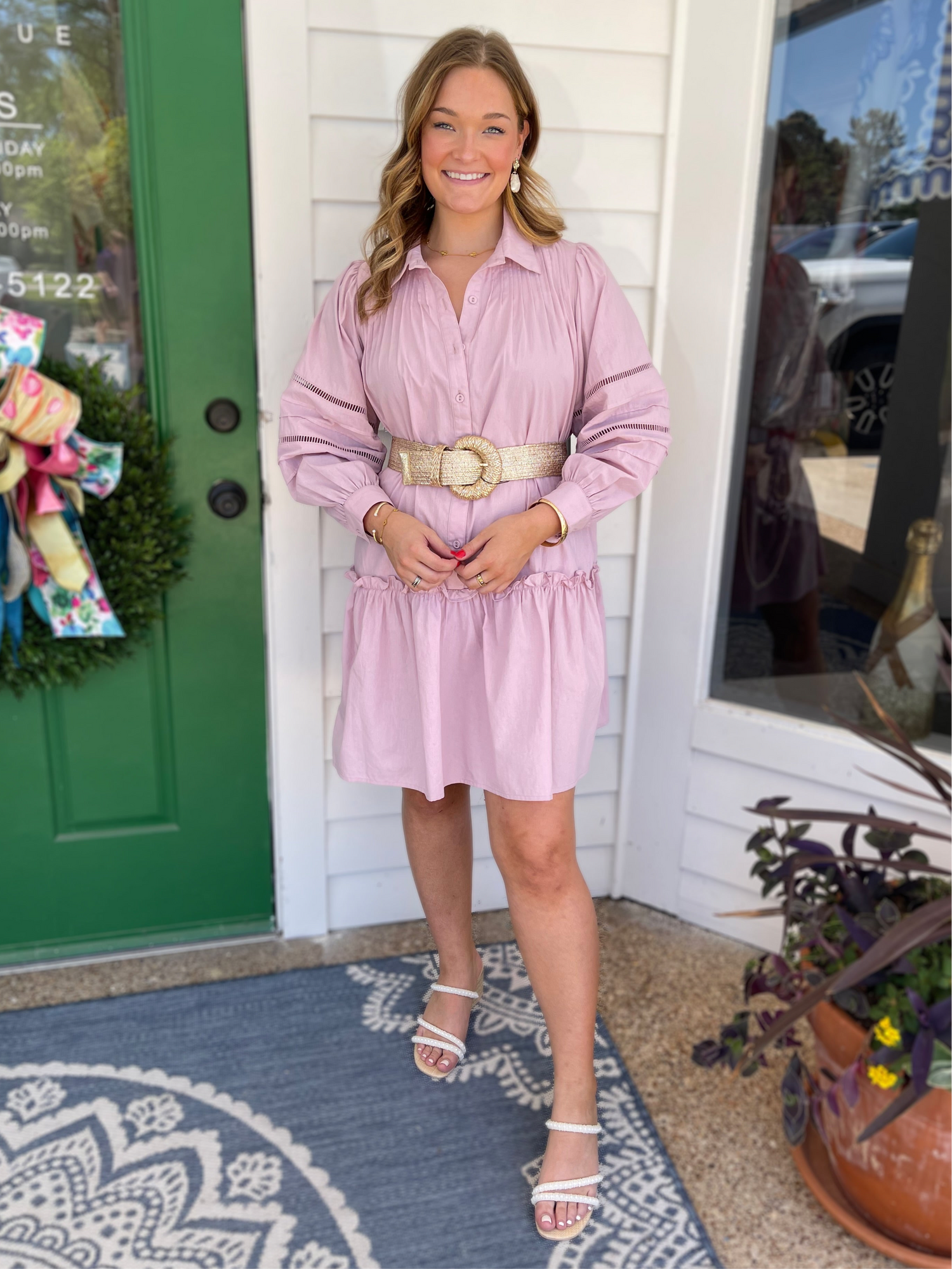 LAVENDER FOG POPLIN EYELET BUTTON UP BALLOON SLEEVE DRESS