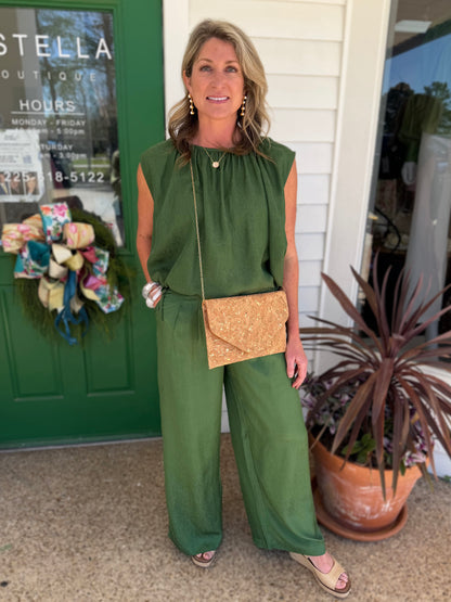 GREEN FLOWY WIDE LEG WAIST TIE LUCINA PANTS