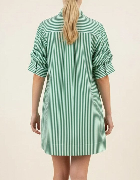 GREEN/WHITE STRIPE COLLARED BUTTON UP GATHERED SLEEVE MINI DRESS