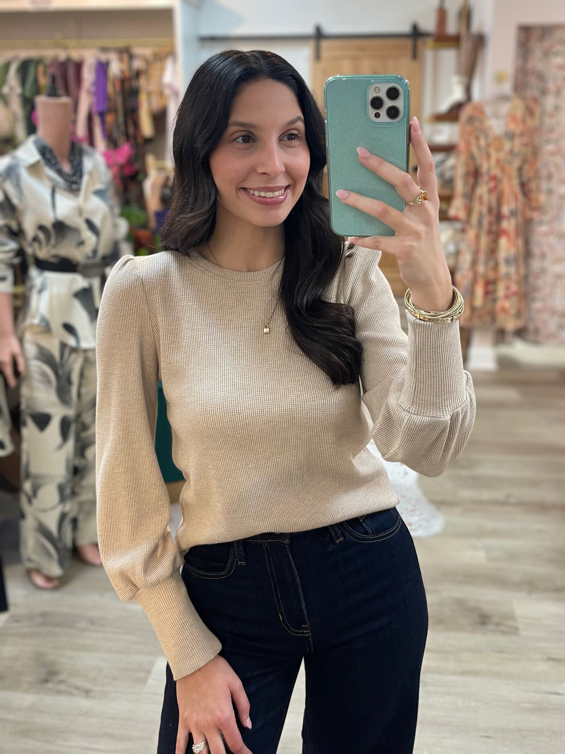 TAUPE LUREX THERMAL KNIT LONG PUFF SLEEVE TOP