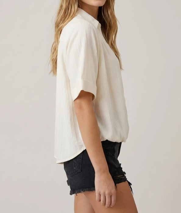 COTTON WHITE COLLARED FRONT BUBBLE SHORT SLEEVE TOP