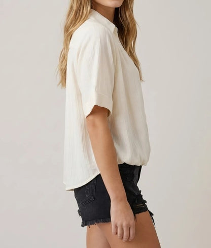 COTTON WHITE COLLARED FRONT BUBBLE SHORT SLEEVE TOP